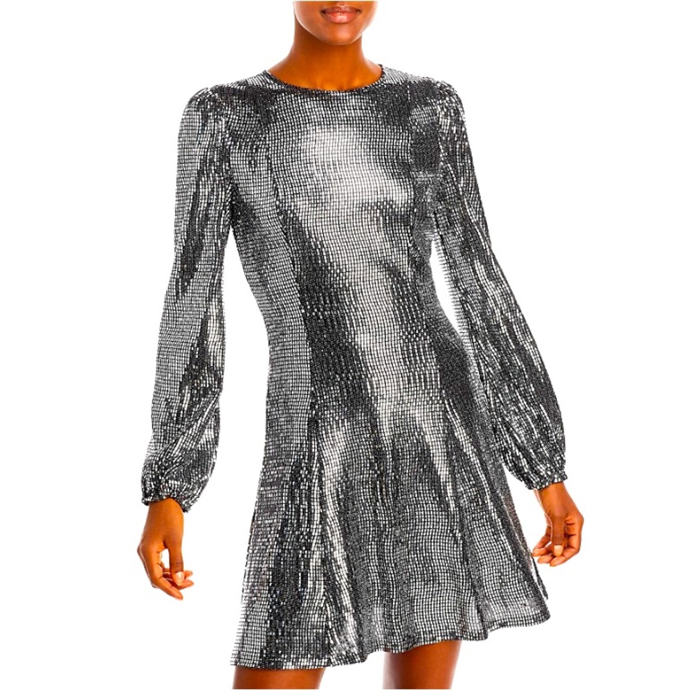 AQUA Shine Metallic Long Puff Sleeve Mini Dress NWT size large